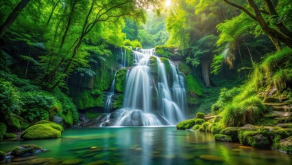 Serene waterfall cascading through lush green forest setting, waterfall, forest, nature, scenic, wilderness