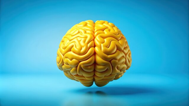 Yellow brain symbolizing creativity and intelligence on a clear blue background, brain, yellow, blue, background