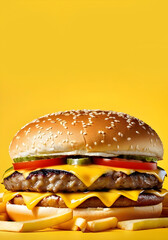 Portrait of a delicious burger and French fries are presented on a solid yellow background