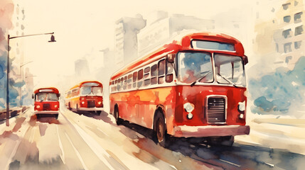 Fototapeta premium Buses Watercolor Style