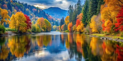 Fall foliage casting vibrant colors onto the tranquil waters of Stillaguamish River in Washington State, Autumn