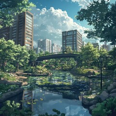 Fototapeta premium Urban Oasis: A Tranquil Anime-Style Park in the Heart of a Bustling City, Offering Peace and Serenity Amidst the Hustle and Bustle,Abstract concepts, game concept art, storybook illustrations