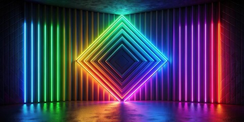 Fototapeta premium Abstract geometric neon background with multicolored gradient light on black wall illuminated by modern LED lamp