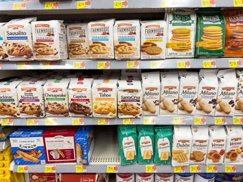 Variety of Pepperidge Farms cookies on market shelf.
