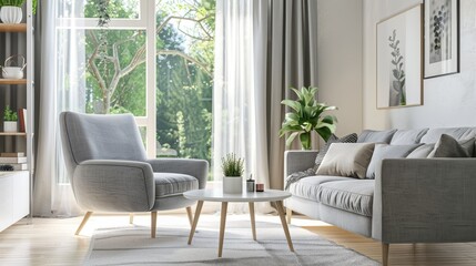 Modern living room with grey armchair, corner sofa, white table, and window