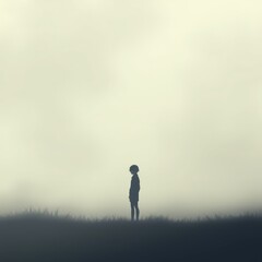 Silhouette of a person standing in a foggy field.