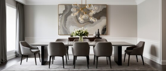 Sophisticated dining room featuring modern furniture, stylish lighting, and chic decor. Ideal for interiors and luxury living spaces.