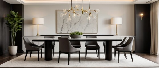 Sophisticated dining room featuring modern furniture, stylish lighting, and chic decor. Ideal for interiors and luxury living spaces.