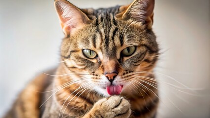Fototapeta premium Close-up of a cat licking its paw in a grooming behavior , feline, grooming, pet, care, hygiene, paw, tongue, clean, domestic cat