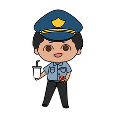 A cartoon police officer holding a cup and a donut