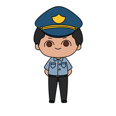 A cartoon police officer with a blue hat and a smile on his face