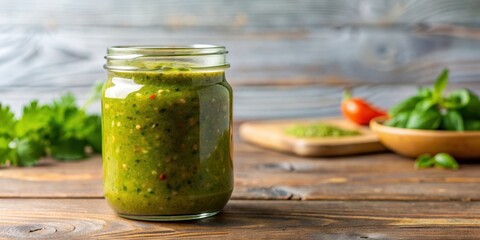 Salsa verde sauce in glass jar, fresh and tasty semi-solid food for culinary concept , salsa verde, sauce, glass jar