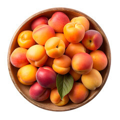 A bowl of peaches with green leaves on them on transparent background