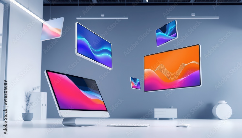 Poster modern desktop with floating screens.