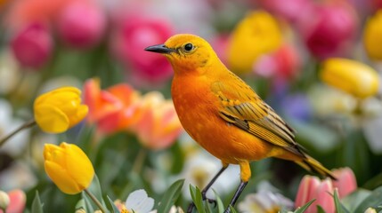 Obraz premium Vibrant Spring: Detailed Goldeeg Bird Among Colorful Flowers in Garden with Copy Space - Focus on Objects, Deep Depth of Field