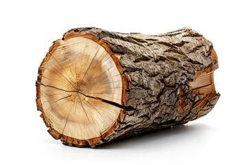 Close-up of a cut tree log with visible bark and wood rings, isolated on a white background, showcasing the natural texture and details of wood, symbolizing forestry and nature.