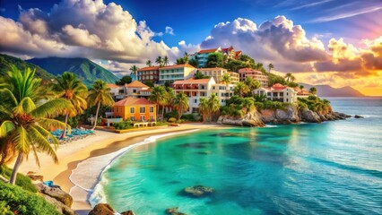 A vibrant poster showcasing a luxurious seaside resort , beach, vacation, travel, relaxation, destination, paradise