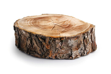 Close-up of a tree stump with visible bark and wood rings, isolated on a white background, highlighting the natural texture and circular pattern of the wood, representing forestry and natural resource