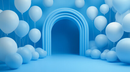 3d abstract blue background with ballons and arch in the middle