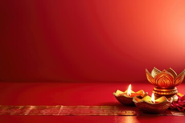 Happy Diwali. Diya oil lamp and flowers on background. Traditional Hindu celebration. Religious holiday of light. Copy space