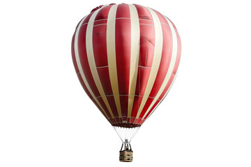 Fototapeta premium Red and white striped hot air balloon in flight against a plain white background, capturing the essence of adventure and exploration. The basket beneath the balloon hangs suspended in mid-air.