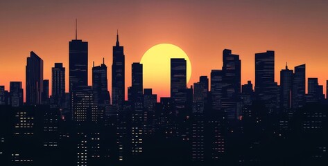 Obraz premium Urban Horizons: Animated Silhouette of Skyscrapers at Dusk, Capturing the Dynamic City Skyline's Transition into Evening