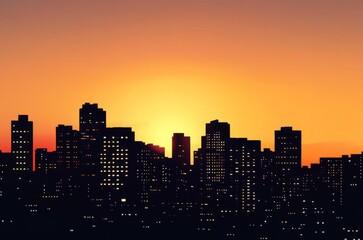 Fototapeta premium Urban Skyline Silhouette: Animated Style Depiction of Skyscrapers at Sunset on the Horizon, Reflecting the Dynamic Cityscape.