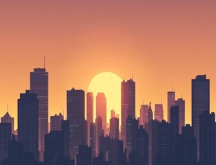 Naklejka premium Urban Skyline Silhouette: Animated Style Depiction of Skyscrapers at Sunset on the Horizon, Reflecting the Dynamic Cityscape.
