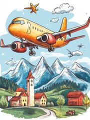 Fototapeta premium Airplane Flying Over Scenic Mountain Village