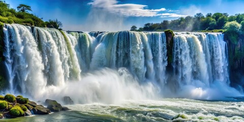 Fototapeta premium Close-up view of a powerful high waterfall , nature, cascade, water, splashing, majestic, intense, forceful, flowing, motion