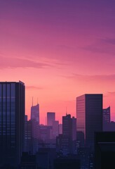 Fototapeta premium Urban Skyline Silhouette: Animated Style Depiction of Skyscrapers at Sunset on the Horizon, Reflecting the Dynamic Cityscape.