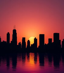 Fototapeta premium Urban Skyline Silhouette: Animated Style Depiction of Skyscrapers at Sunset on the Horizon, Reflecting the Dynamic Cityscape.