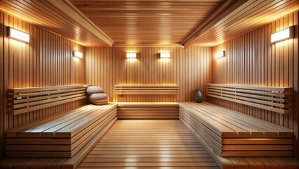 Obraz premium Classic wooden interior of a Finnish sauna , relaxation, traditional, wood paneling, cozy, warm, steam, wellness, health