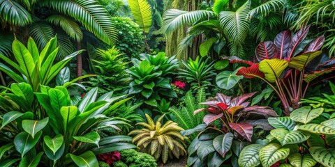 Lush tropical garden with vibrant green foliage and diverse exotic plants, showcasing rich textures and colors, ideal for nature photography, botanical inspiration, and exotic landscape design concept