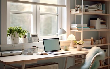 Sunlit Home Office with Cozy Seating and a Large Window