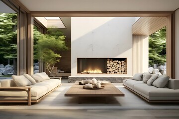 Modern Patio with Comfortable Seating Overlooking a Lush Forest