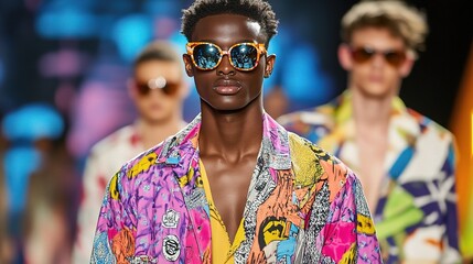 Runway's Radiant Rhythm: A male model confidently strides along the runway, adorned in a vibrant, patterned shirt and sunglasses, captivating the audience with his poise, as other models follow him.