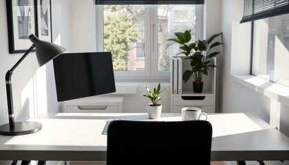 Minimalist Home Office Workspace with Sunlight and a Cup of Coffee.