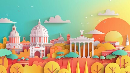 Panoramic view of rome city skyline with world famous landmarks in paper cut style vector illustration