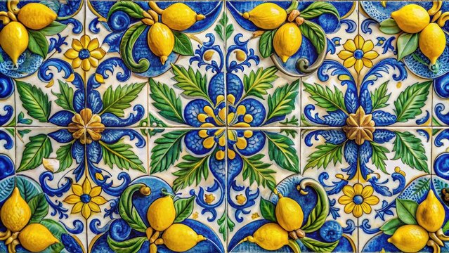 Mediterranean Italian tile with blue ornament, plants, basil leaves, and yellow lemons painted in vibrant colors