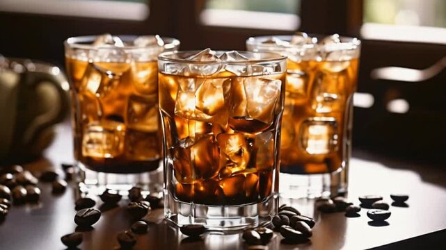 four glasses of iced coffee on a bar
