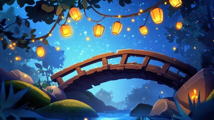 Obraz premium A mystical wooden bridge spans a foggy stream, aglow with floating lanterns, while fireflies twirl amidst mossy stones.