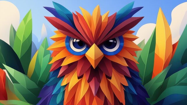 A mesmerizing humanoid owl with vivid feathers, set in a lush forest, captures the magic of nature in vibrant colors.