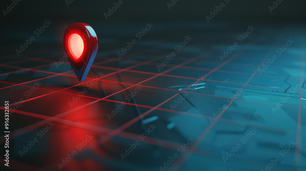 Poster a digital map features a glowing red pin on a dark blue grid, showcasing precise navigation and loca