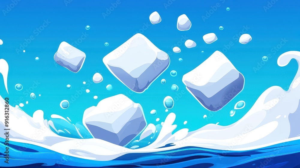 Poster cool floating ice cubes shimmer in a bright aqua backdrop, with playful bubbles adding a fun touch t