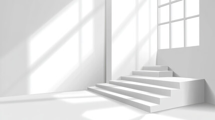 Fototapeta premium Discover a sleek geometric space with white interiors and dynamic stairs that create stunning shadow patterns.