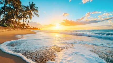 Golden Hour Paradise: A serene beach scene bathed in the warm glow of a breathtaking sunset, with swaying palm trees framing the horizon. The gentle waves lap at the shore.