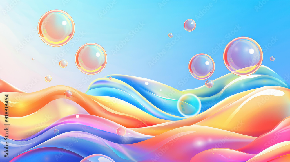 Poster bright, shiny rainbow soap bubbles create a festive backdrop, perfect for adding a playful touch to 