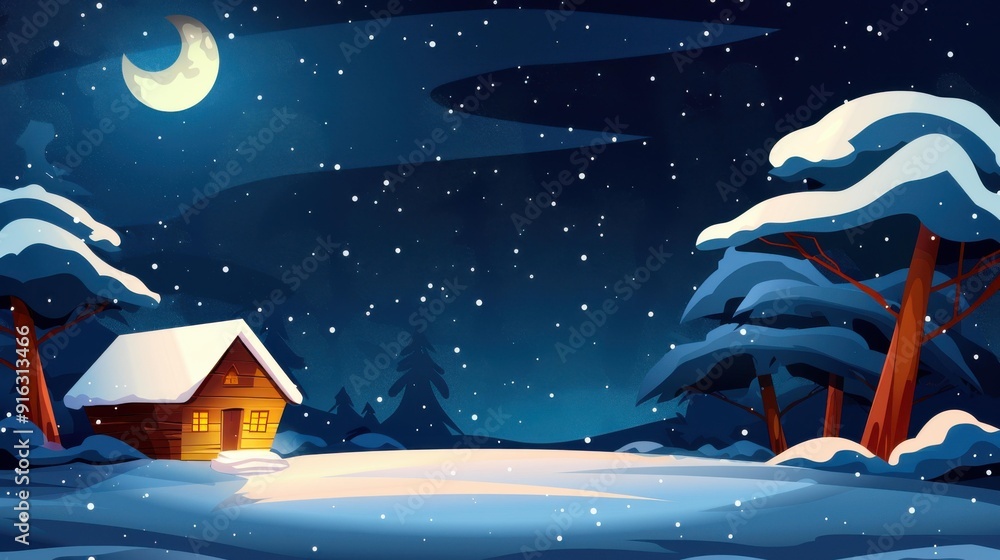 Wall mural A cozy wooden house nestled in a snowy forest, illuminated by festive lights, perfect for the holiday spirit.