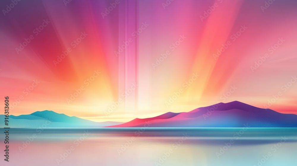 Sticker A serene sea reflects a stunning light display, showcasing ethereal colors and beautiful water textures in a flat design.